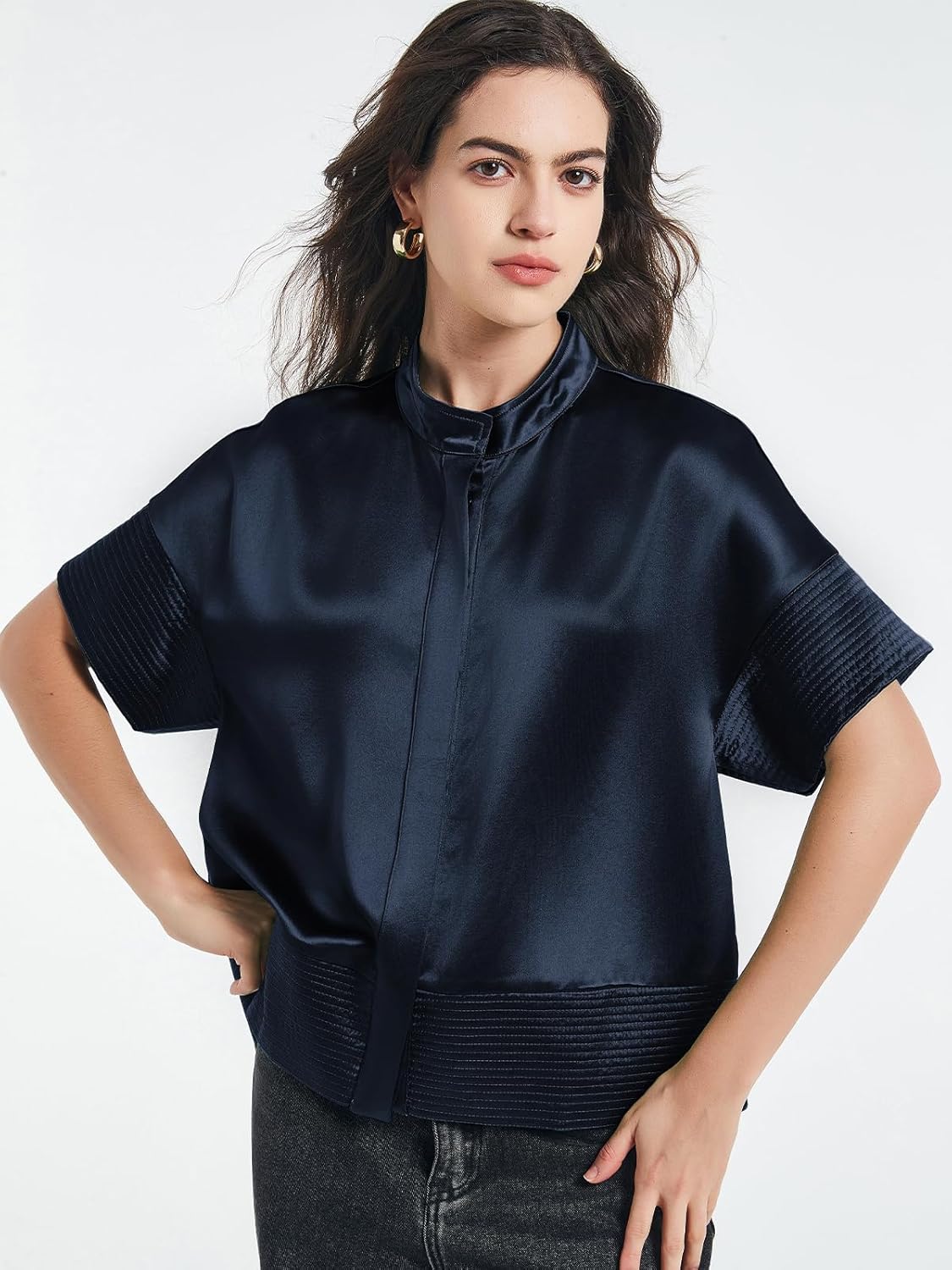 D-Sun Women's Casual Button Down Shirts Oversized Short Sleeve Stand Collar Tops Trendy Work Blouses - Image 3