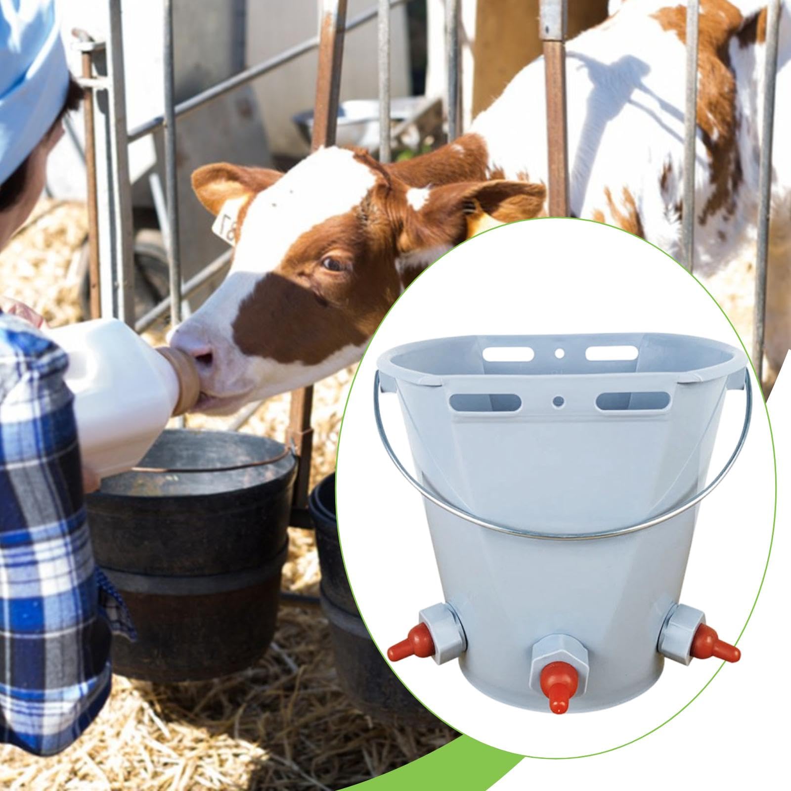Secchio per l'alimentazione dei vitelli, Secchio per l'alimentazione del Latte, 8 Litri con tettarella, Premium, Pratico con Graduata, Grigio con 3 Capezzoli