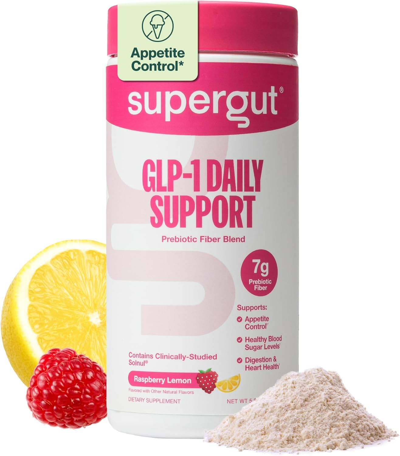 Supergut GLP1 Daily Support - Raspberry Lemon - High Fiber GLP-1 Supplement Powder for Women & Men - Sugar-Free Drink Mix for Gut Health & Digestive Support (18 Servings)