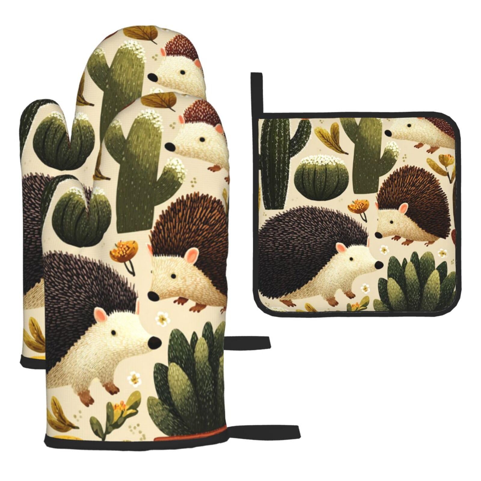 Oven Mitts and Pot Holders Set of 3 Heat Resistant Non-Slip Kitchen Gloves Hot Pads Hedgehogs Cactus Oven Mitts Kitchen Mittens Gloves Non-Slip Potholders for Cooking Baking Grilling BBQ