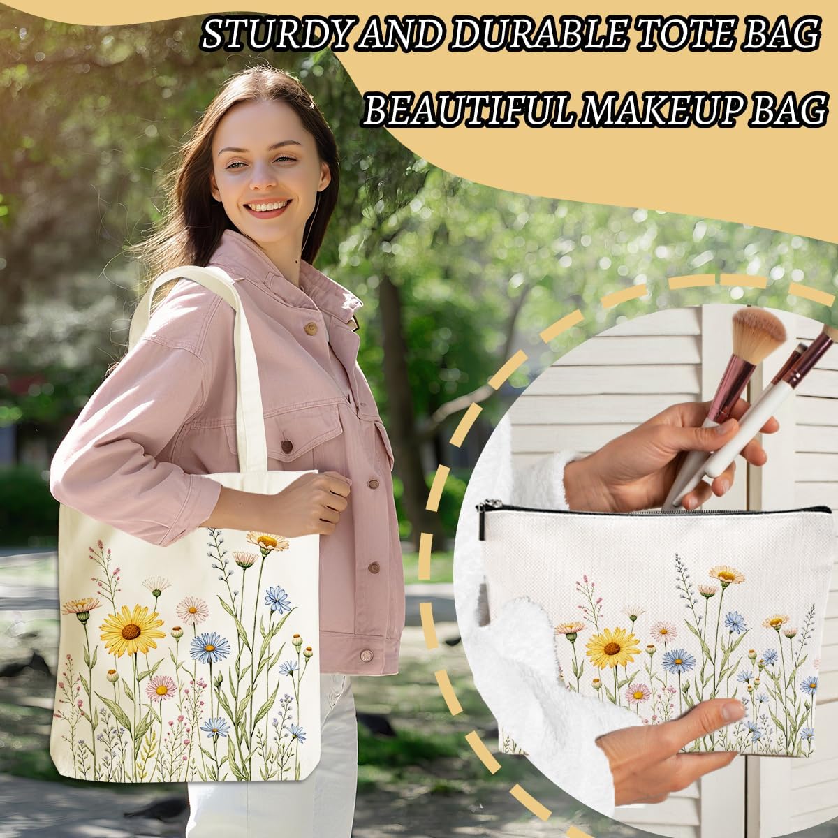 Aesthetic Flower Canvas Tote Bag Makeup Bag, Cosmetic Bags for Women Girls Sister Friend Plant Lovers Reusable Grocery Bags with Inner Pocket for Shopping Gym Christmas Birthtday Thank You Gifts - Image 5