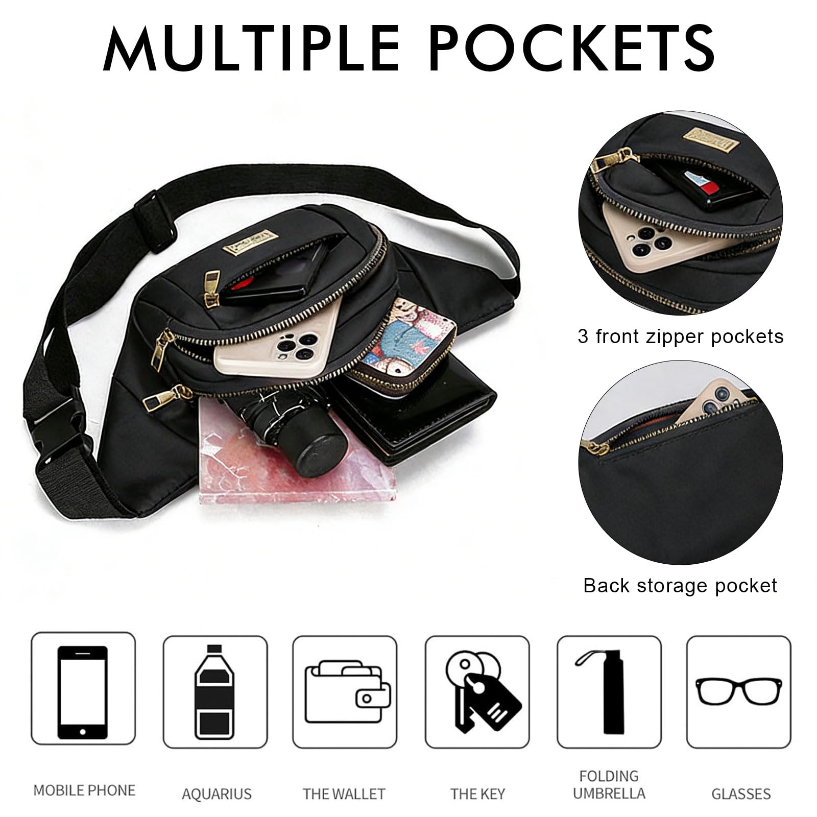ADUDVLO Bumbags for Ladies Women Men Lightweight Adjustable Bum Bag Fanny Pack with 4 Zipper Pockets,Fashionable Waist Pack for Travel, Running, Hiking, Cycling (Black) — view 4