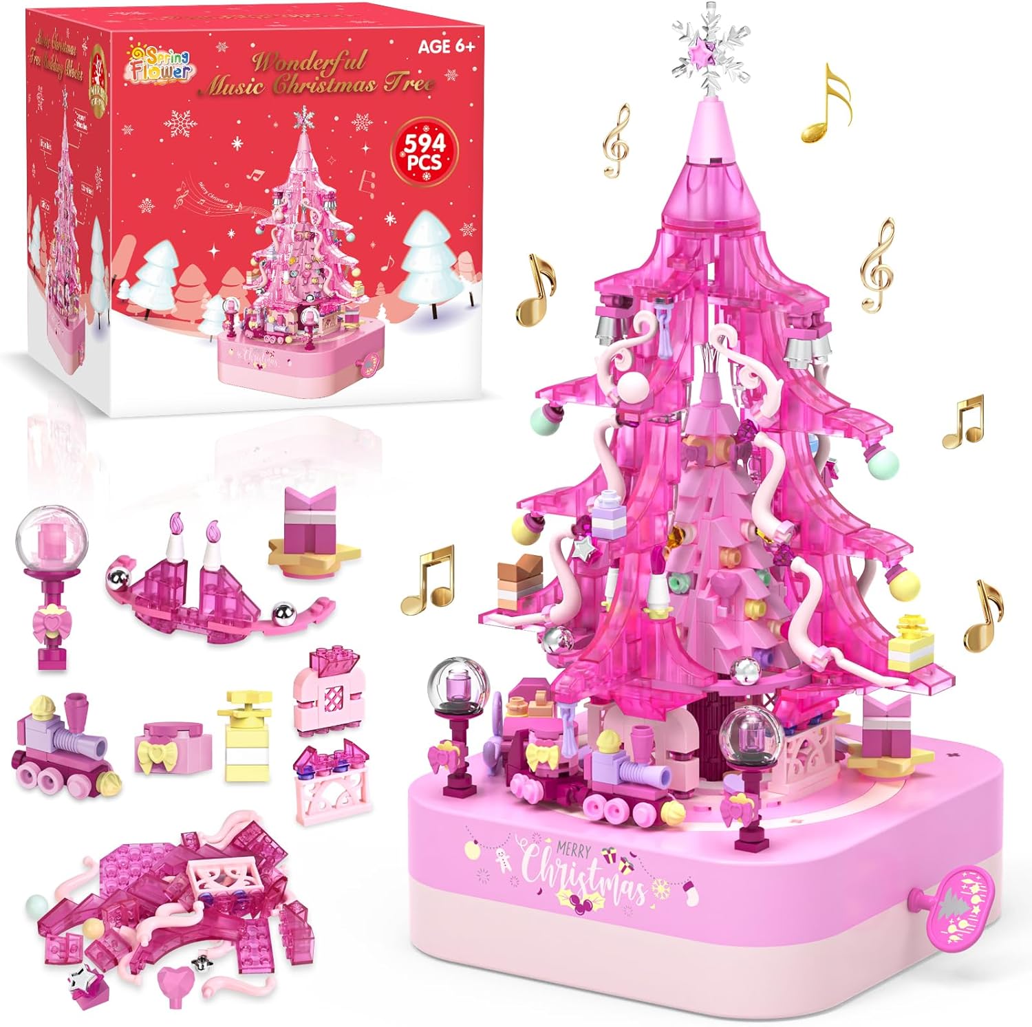 SpringFlower 594 PCS Christmas Tree Building Block Set, Rotating Music Box Christmas Building Block Tree for Boys Girls Adults, Xmas Gifts Decorations for Kids Adults Teens,Green