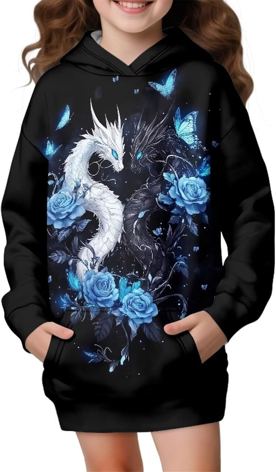 WELLFLYHOM Long Kids Hoodies Girls 5-14 Graphic Pullover Sweatshirts Dress with Pocket Long Sleeve Athletic Kids Sweater