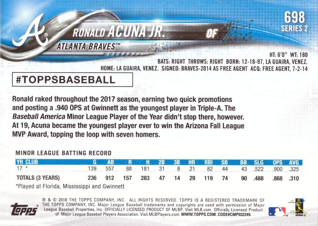 2018 Topps All-Star Game Fanfest Foil Stamped Baseball #698 Ronald Acuna Jr Rookie Card