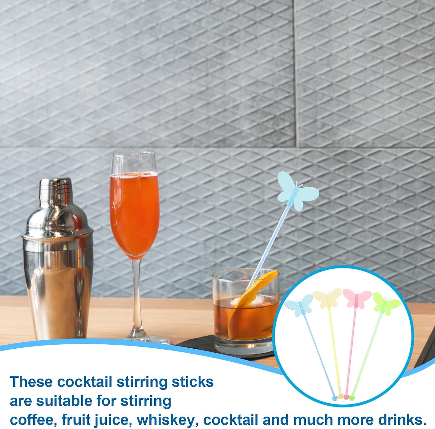 ULTECHNOVO Butterfly Acrylic Cocktail Stirring Sticks 7.87 Inch Swizzle Sticks for Drinks Coffee Juice Whiskey Bar Party Beverage Stirrers