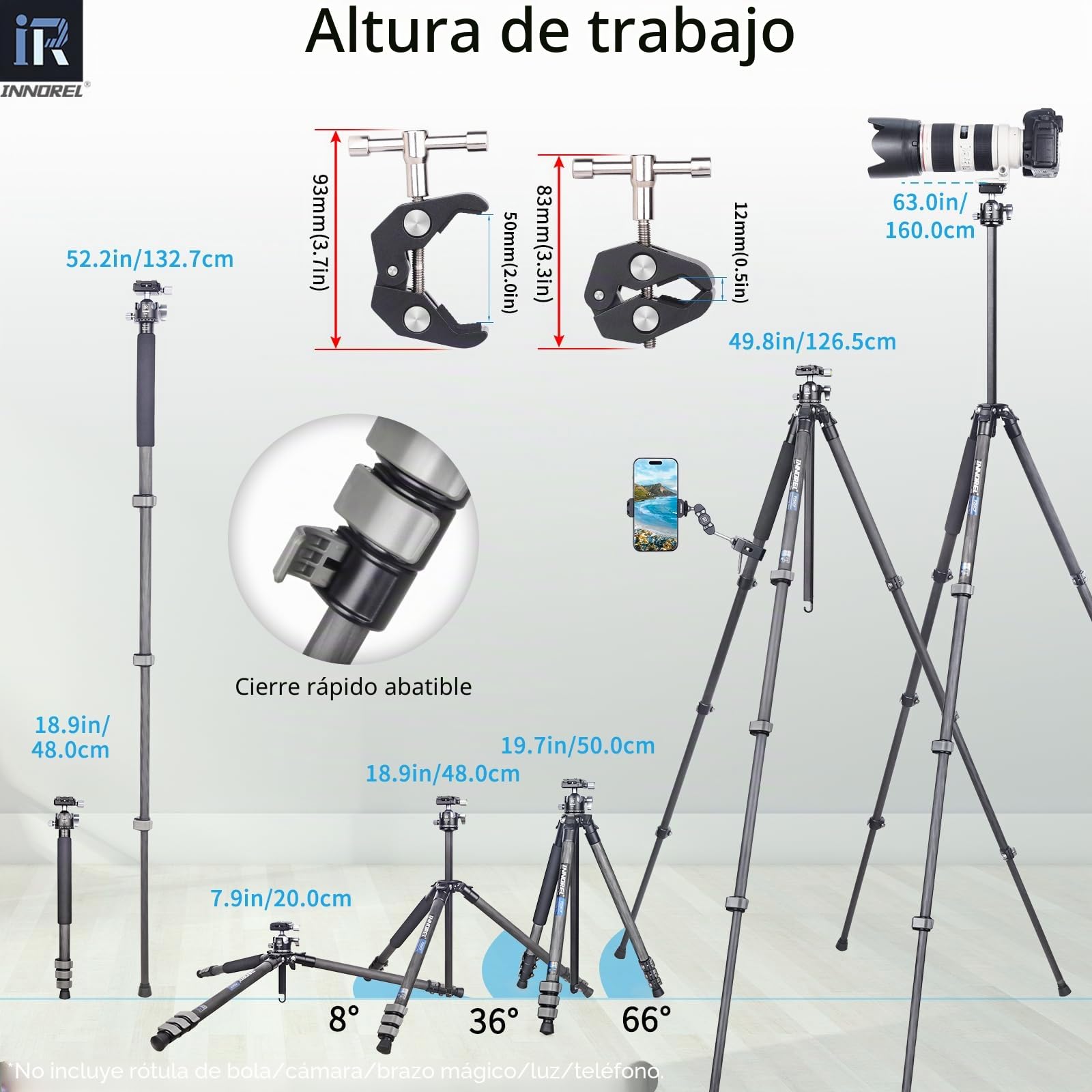 INNOREL P254CF Tripode de viaje de fibra de carbono 160 cm, trípode compacto profesional para cámara DSLR de viaje con rótula central de baja gravedad