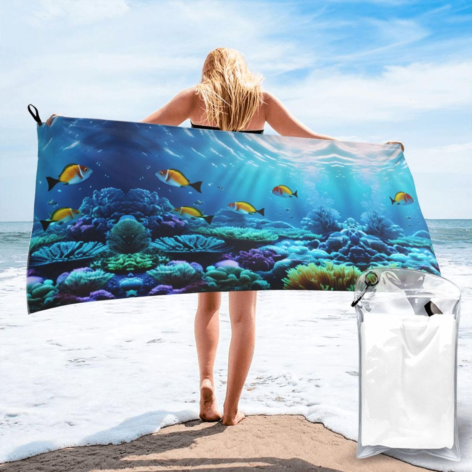Toalla de baño de secado rápido Tranquil, diseño submarino suave y grande