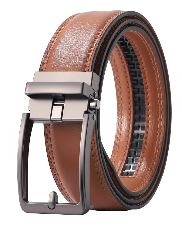 AWAYTR Men Ratchet Genuine Leather Belt - Adjustable Casual Dress Belt for Jeans with Slide Buckle, Gunmetal Buckle-Brown, Fit Waist 32-38in by AWAYTR - Used condition - US$12.46
