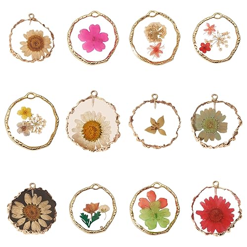 12Pcs Dried Flower Charm Pendants Transparent Flat Round Natrual Dried