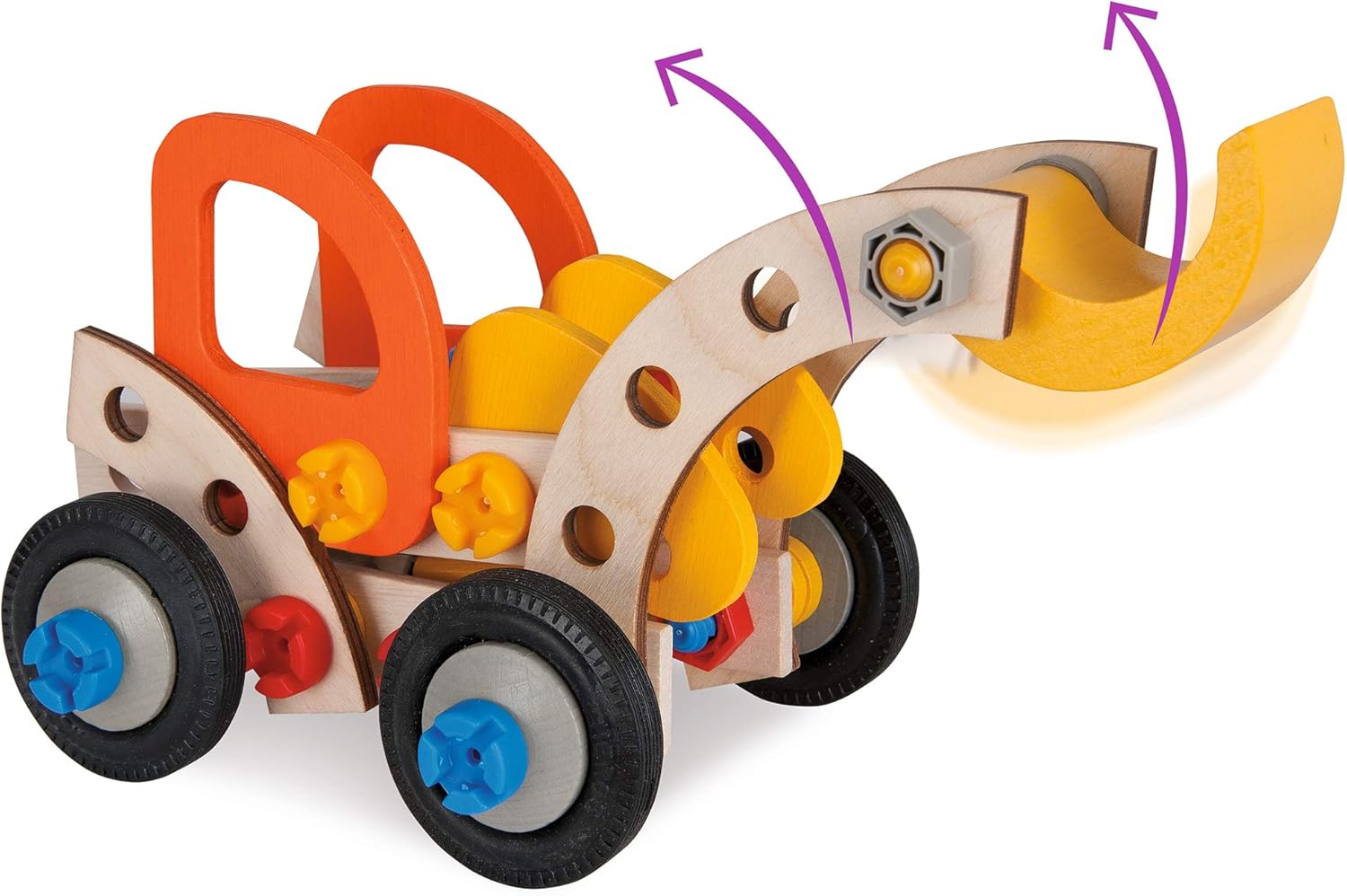 Падрабязны view of the Eichhorn wooden excavator's movable arm and bucket, illustrating its range of motion.