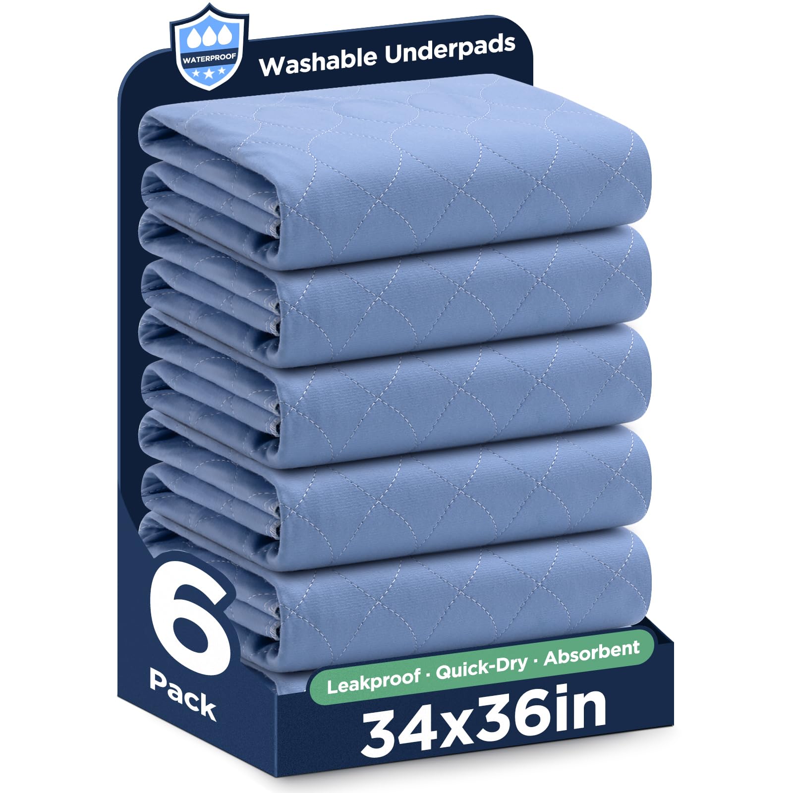Washable Bed Pads 34" x 36" - 6 Pack, Blue, Waterproof Bed Pads for Incontinence, Bed Wetting Pads for Bed, Sofa, Floor, Resuable Underpads for Adults, Seniors, Pet