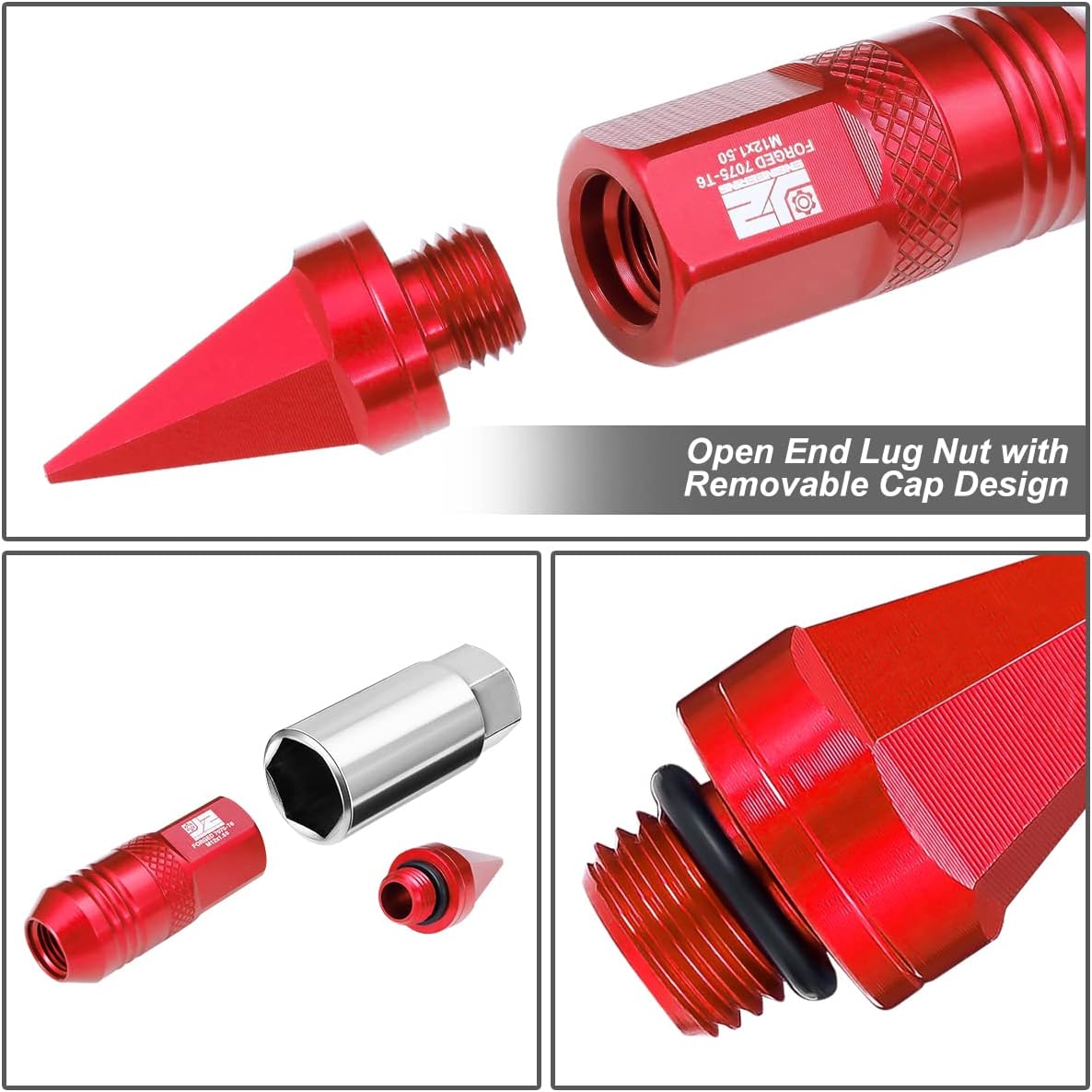 J2 Engineering J2-LN-T7-029-15-RD 20Pcs M12x1.5 T6-7075 Aluminum 81mm Removable Spiky Cap Lug Nuts w/Deep Drive Extension,Red, 21mm x 81mm