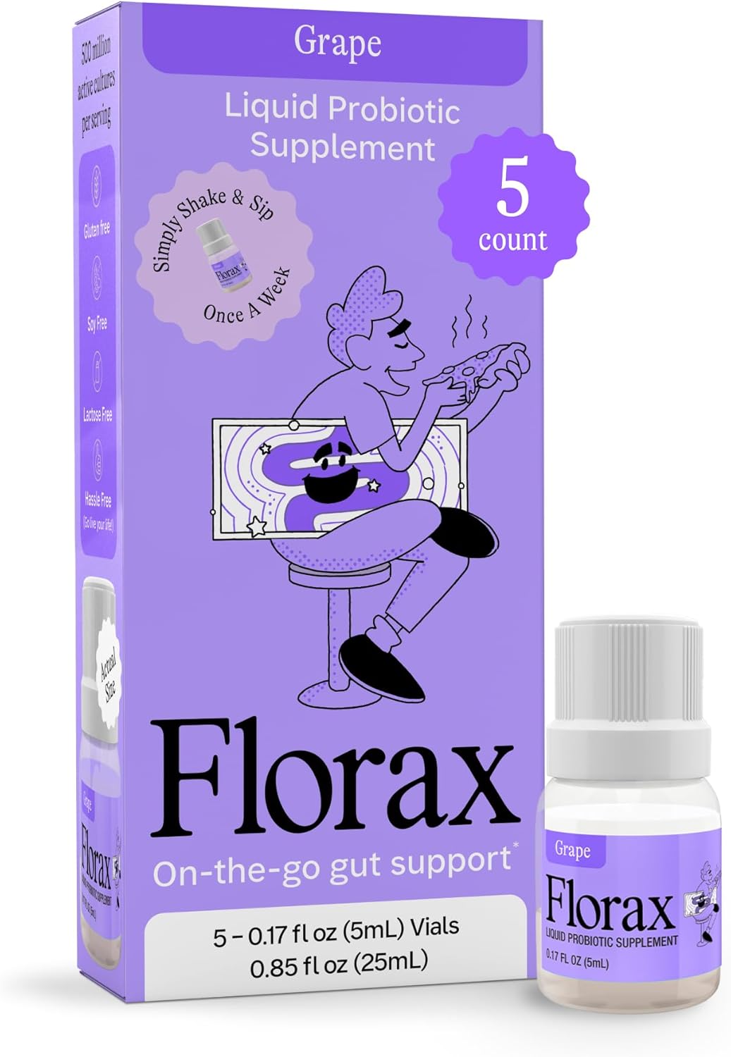 Florax – Liquid Probiotic – On-The-go Gut Support for Women, Men, and Children – Vegan, Gluten Free, Lactose Free, Soy Free and Preservative Free – Grape Flavor – 5 Vials
