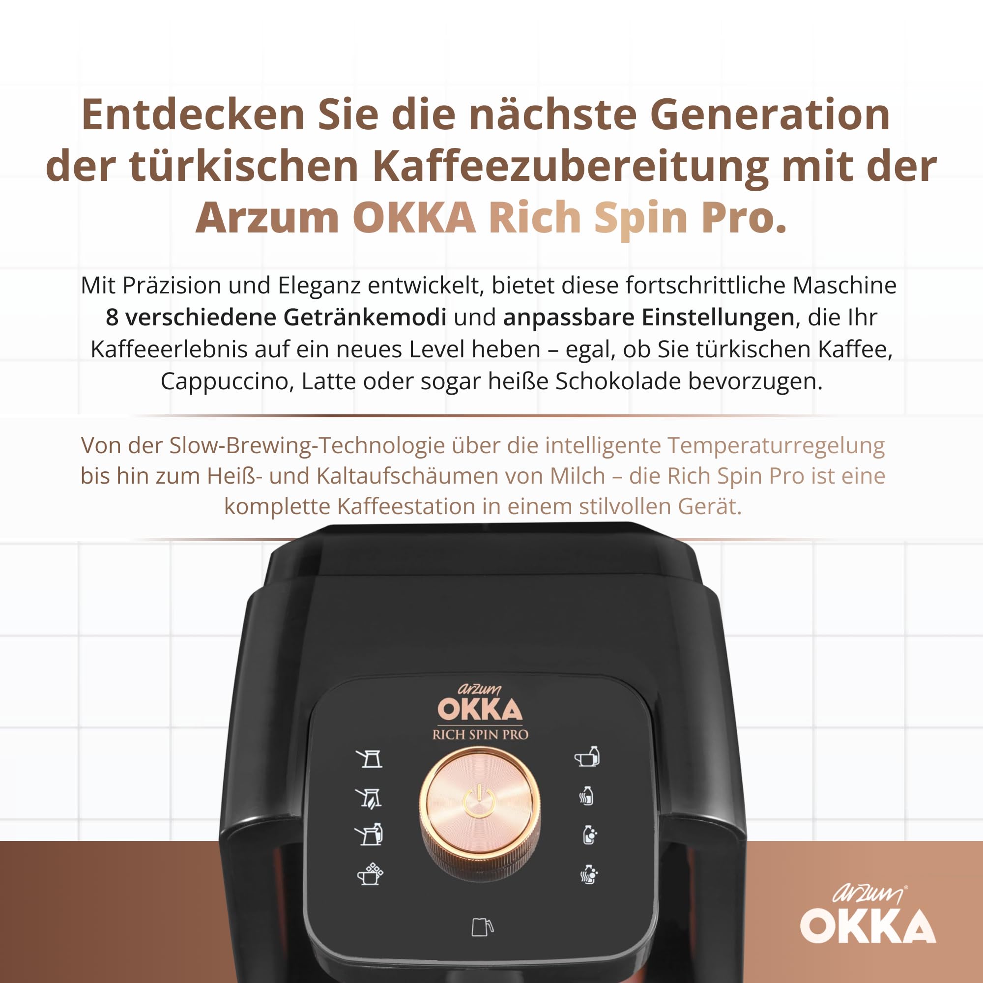 Arzum Okka Rich Spin Pro Türkische Kaffeemaschine mit 5 Tassen Kapazität, 700W Leistung, Auto Brewing Altitude Detection und Automatischem Mixer für Milchgetränke