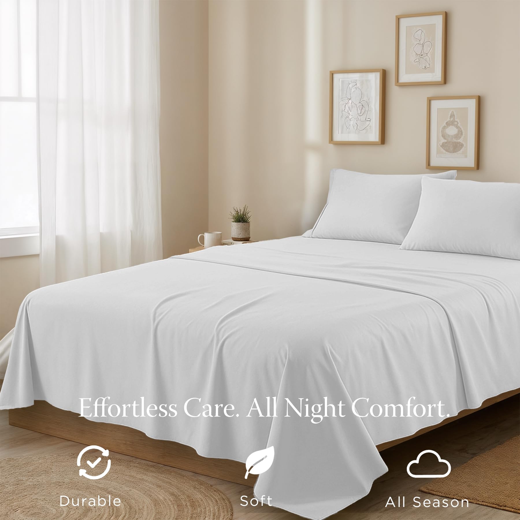 Threadmill Home Linen Queen Sheets - Juego de Ropa de Cama de 4 Piezas de 300 Hilos, Tejido de satén de algodón Puro de Fibra Larga, Color Blanco sólido con Bolsillo Profundo elástico