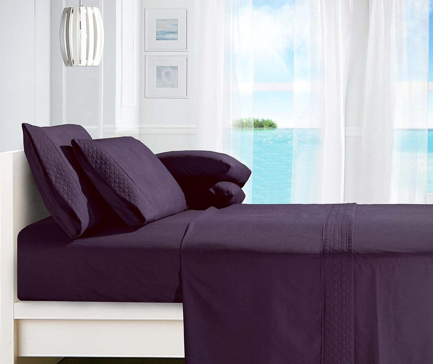 Elegant Comfort Luxury Soft Coziest 4-Piece Bed Sheet Set 1500 Thread Count Egyptian Quality Microfiber Wrinkle Resistant Beautiful Quilted Design on Flat Sheet and Pillowcases, Queen, Eggplant-Purple