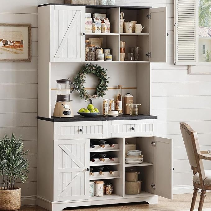 ONBRILL Pantry Cabinet with 2 Drawers & 3 Wine Racks, 71" Farmhouse Kitchen Storage Cabinet with Adjustable Shelves, Kitchen Hutch with Microwave Stand for Dining Room, Living Room, Off White