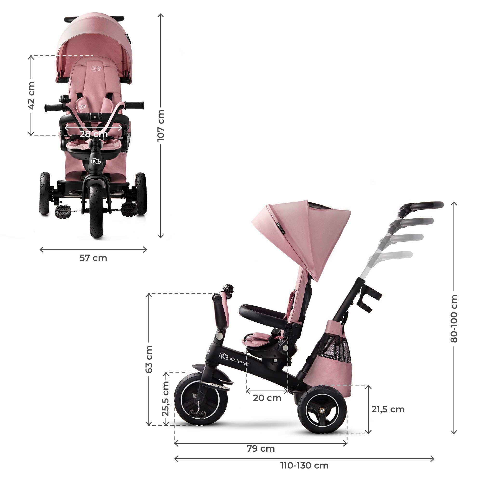 Kinderkraft EASYTWIST Triciclo Infantil, con Accesorios, Ventana de Techo, Cinturones de Seguridad, rotación de 360 Grados, Rueda Libre, Barra de Empuje, a Partir de 9 Meses hasta 5 años, Rosa