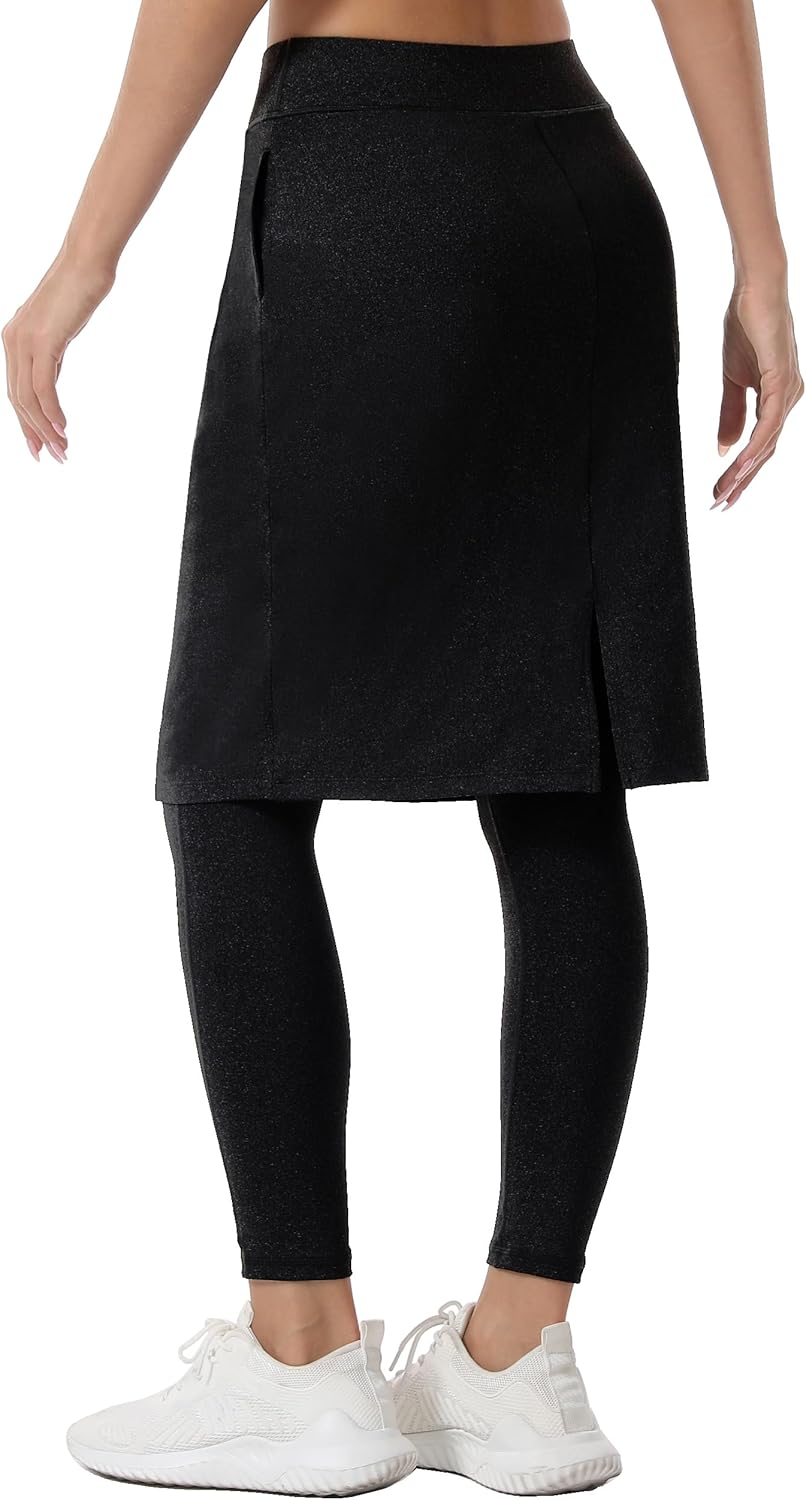 HOKOYI Women 23" Athletic Knee Length Skirt with Full Leggings Attached Pockets Workout Modest Skirted Capris