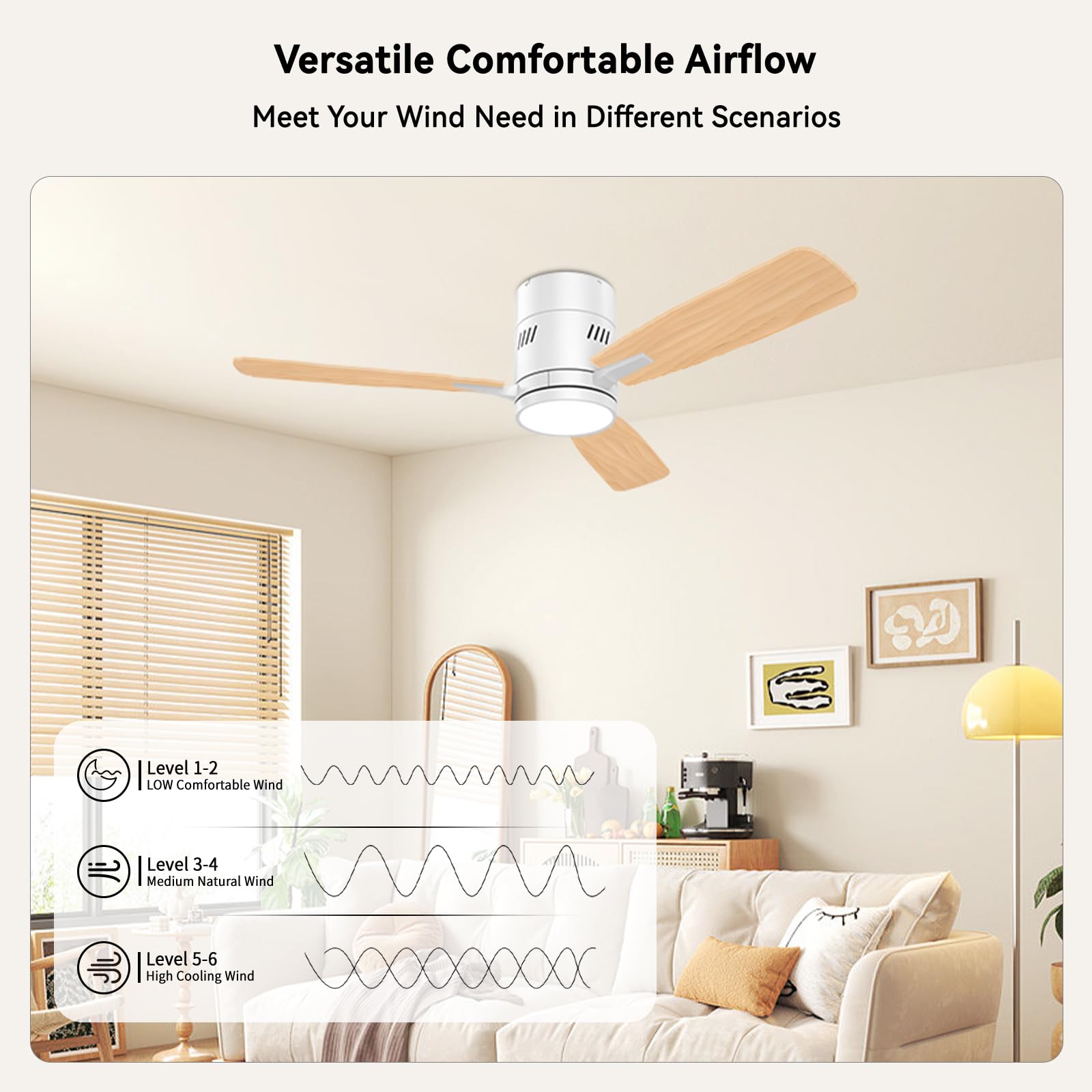 Ventilador de Techo con Luz y Mando 107cm(42"), Ventilador Techo Bajo Perfil 23cm, Motor DC Silencioso 30W, 6 Velocidades, 6CCT Regulable, Función Memoria, Temporizador, Invierno/Verano, Blanco/Madera