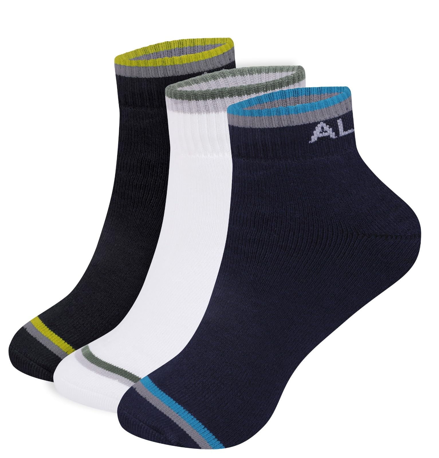 alphafox with device ALPHAFOX Men’s Performance Quarter Ankle Socks – Cushioned, Breathable, Athletic Cotton Blend Socks with Arch Support and Color Accents – 3 Pairs in Navy, White & Black-picture-45