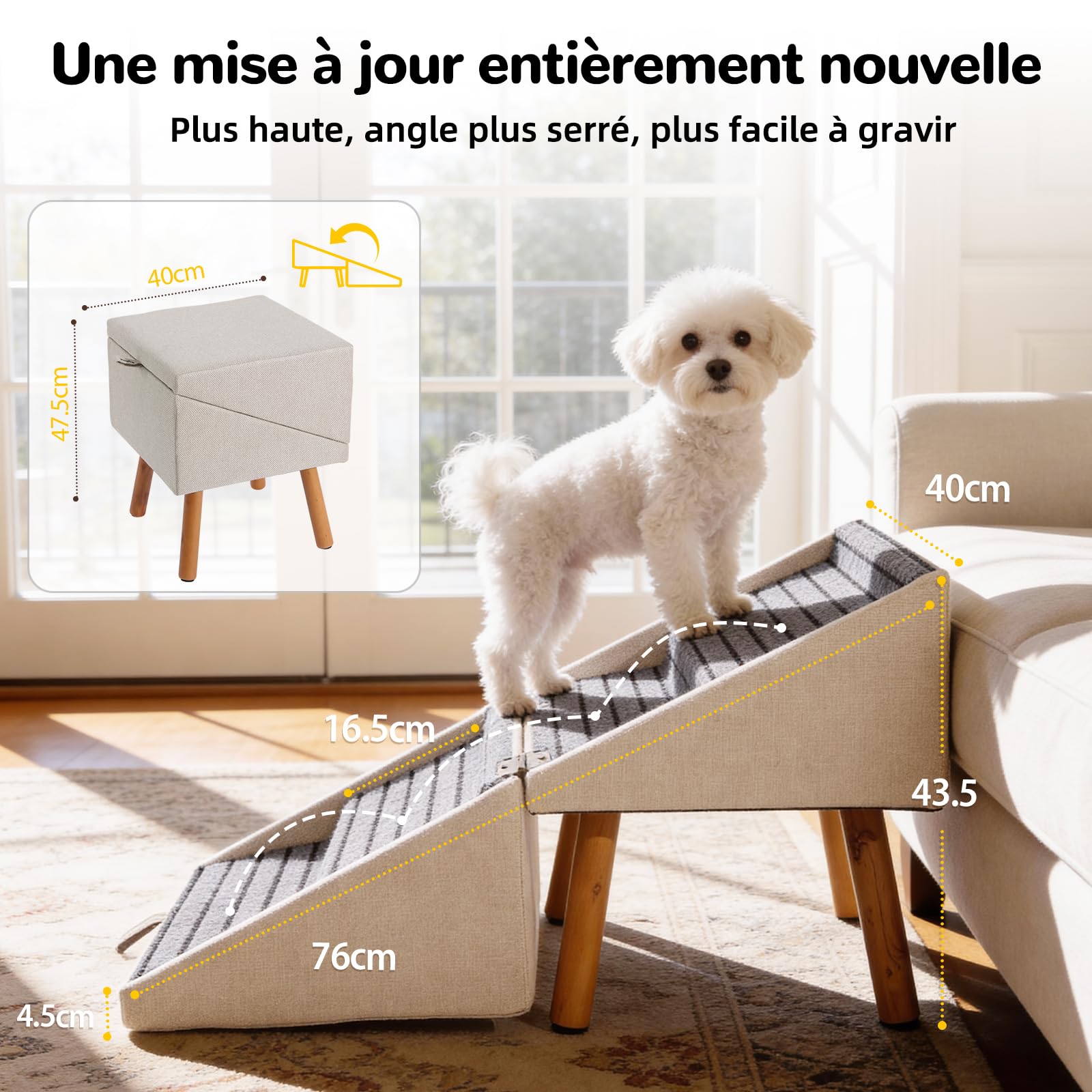 Escalier pour Chiens et Chats 2 en 1, 4 Marches Rampe et Marches pour Canapé Lit, Pente Douce Protège Articulations, Antidérapant(Abricot - 43,5 cm Haut)