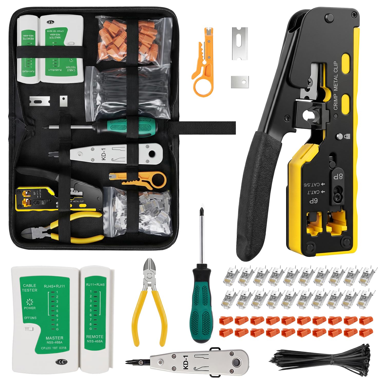 GoldHive RJ45 Crimp Tool Kit - Cat7 Cat6 Cat5e CAT5 Ethernet Crimping Tool Kit with 20x RJ45 Pass Through Connector and Boot, 1x Rj45 Crimper, 1xNetwork Cable Tester