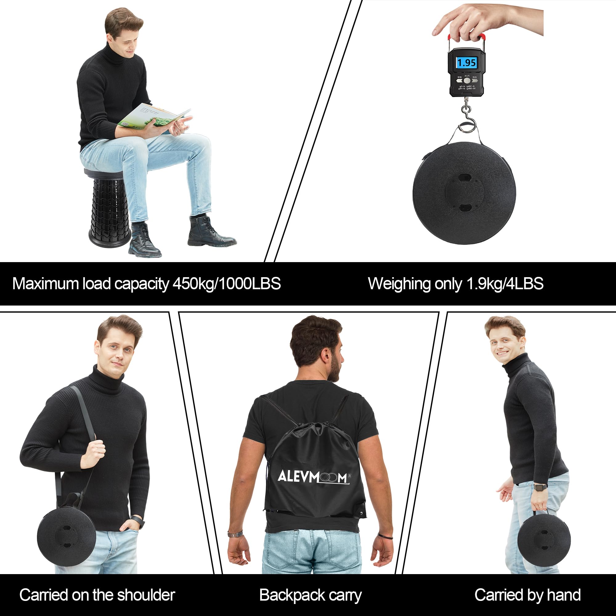 ALEVMOOM Tragbarer Teleskophocker mit dickem Kissen, Teleskop-Klapphocker，maximale Tragfähigkeit 450 kg ，einziehbarer Klapphocker für Outdoor Camping, Angeln, Wandern, Reisen