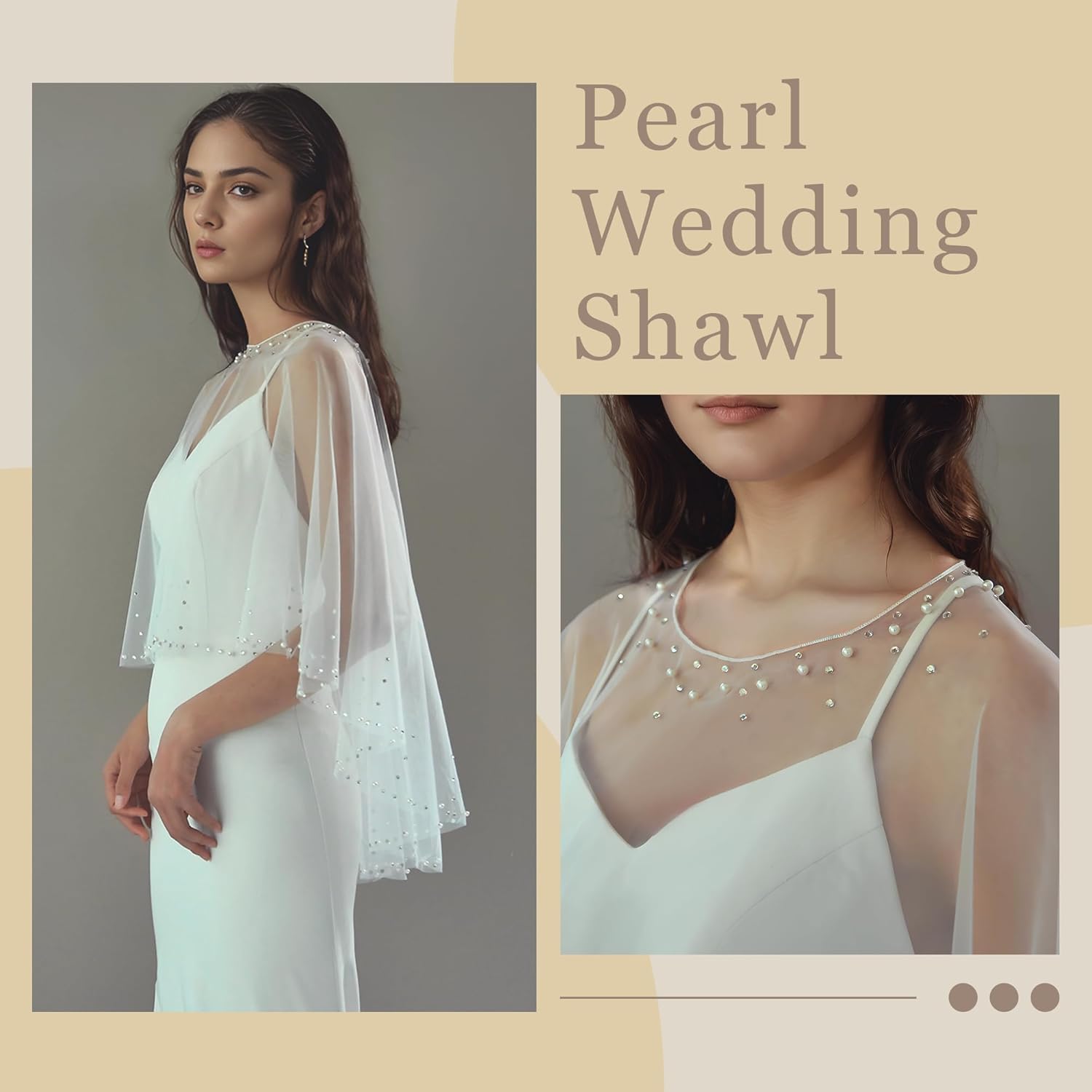 Pearl Shawl Wrap Shrug Bridal Cape Sheer Tulle White Black Elegant Wedding Cape Dress Cover Up for Women Girls - Image 3