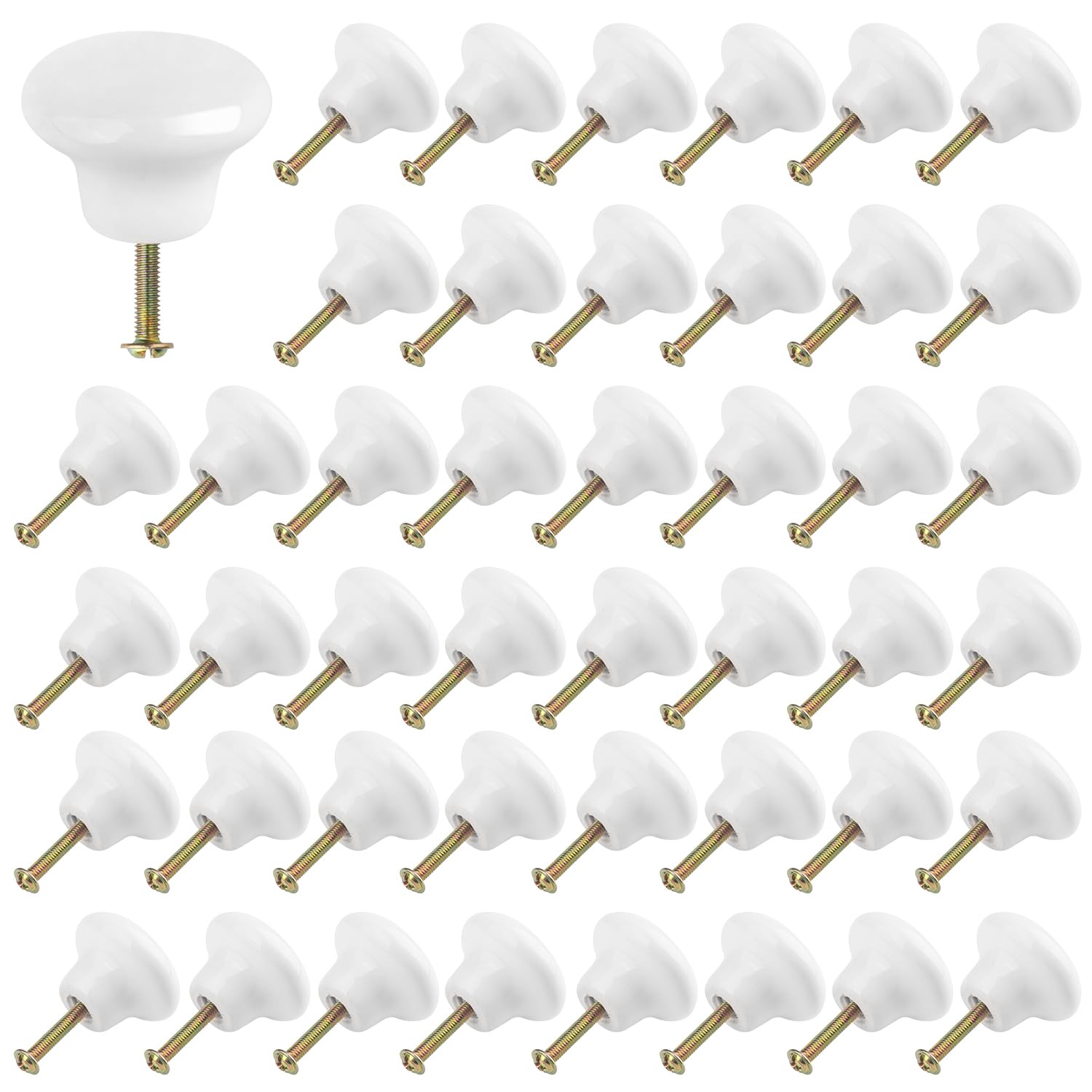 Paquete de 50 pomos de cerámica blanca para gabinete, pomos redondos de cerámica con tornillos, pomos de cerámica para cajones para armarios, cajones y aparadores