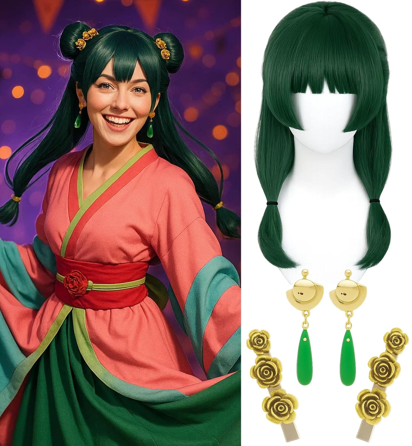 Swooflia Green Ponytail Wig for Women & Cosplay Accessories - Convenient Set Includes Adjustable Wig Cap, Earings, Hair Clips, Cosplay Wig for Halloween, Costume, Party and Daily Use (W223) Dark Green