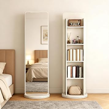 360  Rotating Full Length Mirror with Storage, 5-Tier Floor Stabding Bookcase with Full Body Mirrors, Swivel Dressing Mirror and Magazine Rack for Living Room, 168 x 40cm
