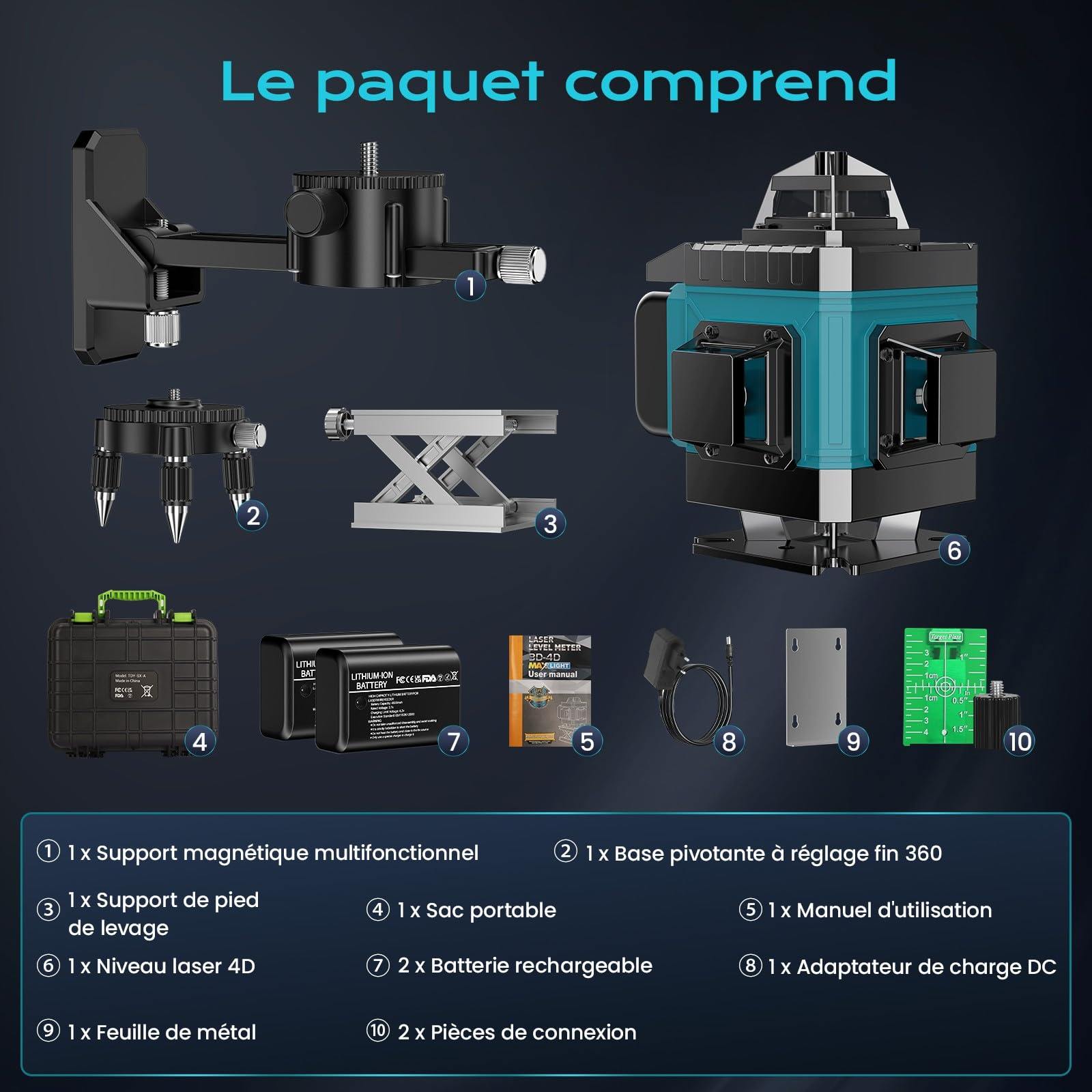 Niveau Laser Chantier Autonivelant 360° x 4, Lazer Niveaux 4D 16 Lignes Laser, Autonivellement et Mode Pulsé Extérieur, 2 x Batterie, Nivellement Automatique, Support Rotatif, Télécommande