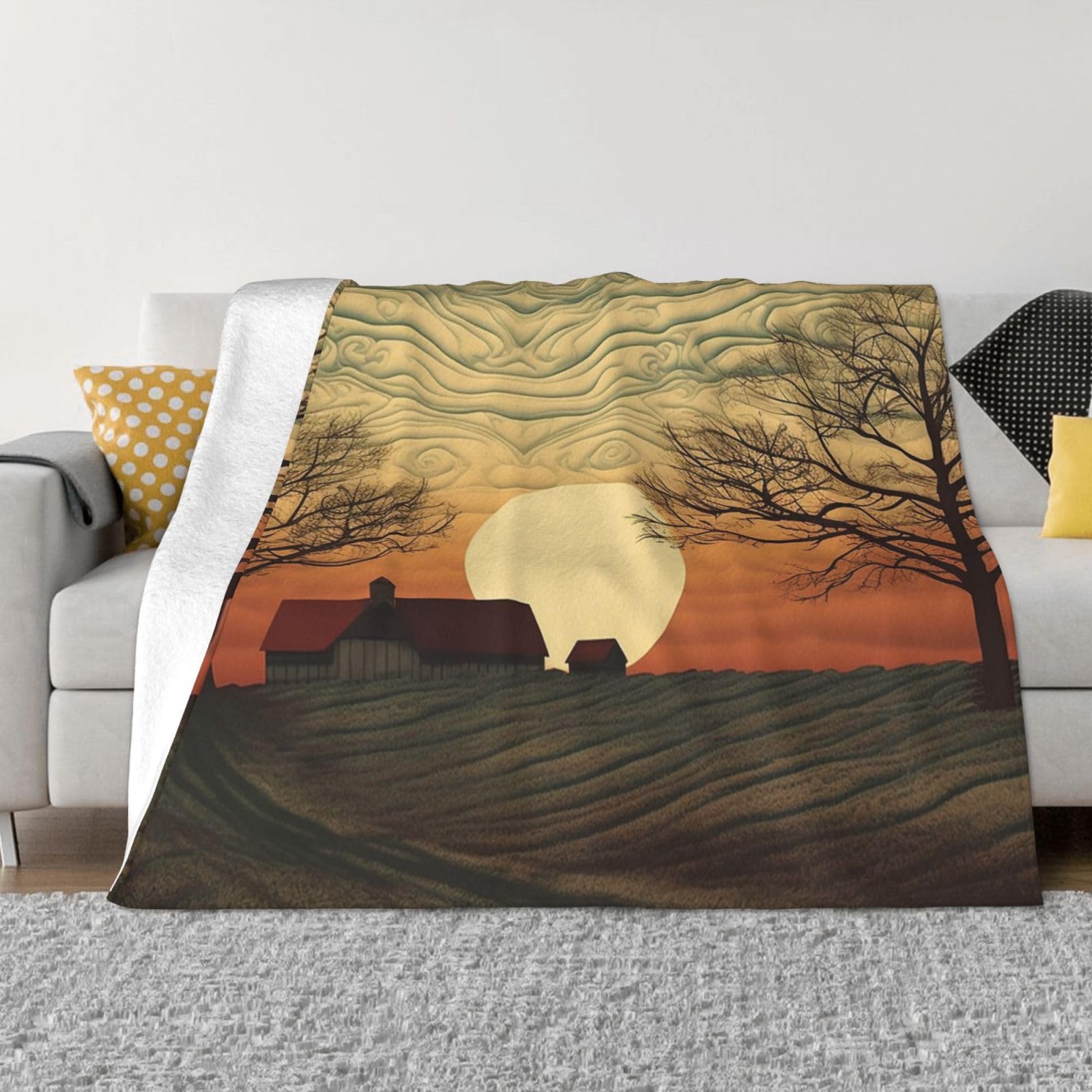 Couverture polaire en flanelle 203x152 cm motif lever de soleil pour lit et canapé