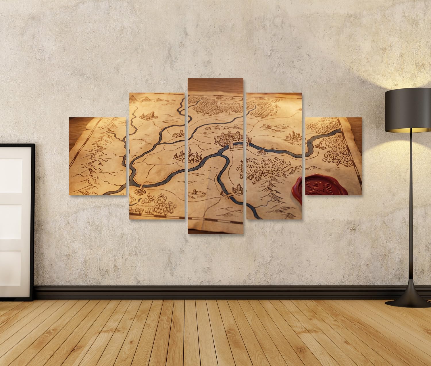islandburner Quadro su tela con mappa mistica medievale, decorazione da parete per ufficio per gli amanti della storia, 5 pezzi