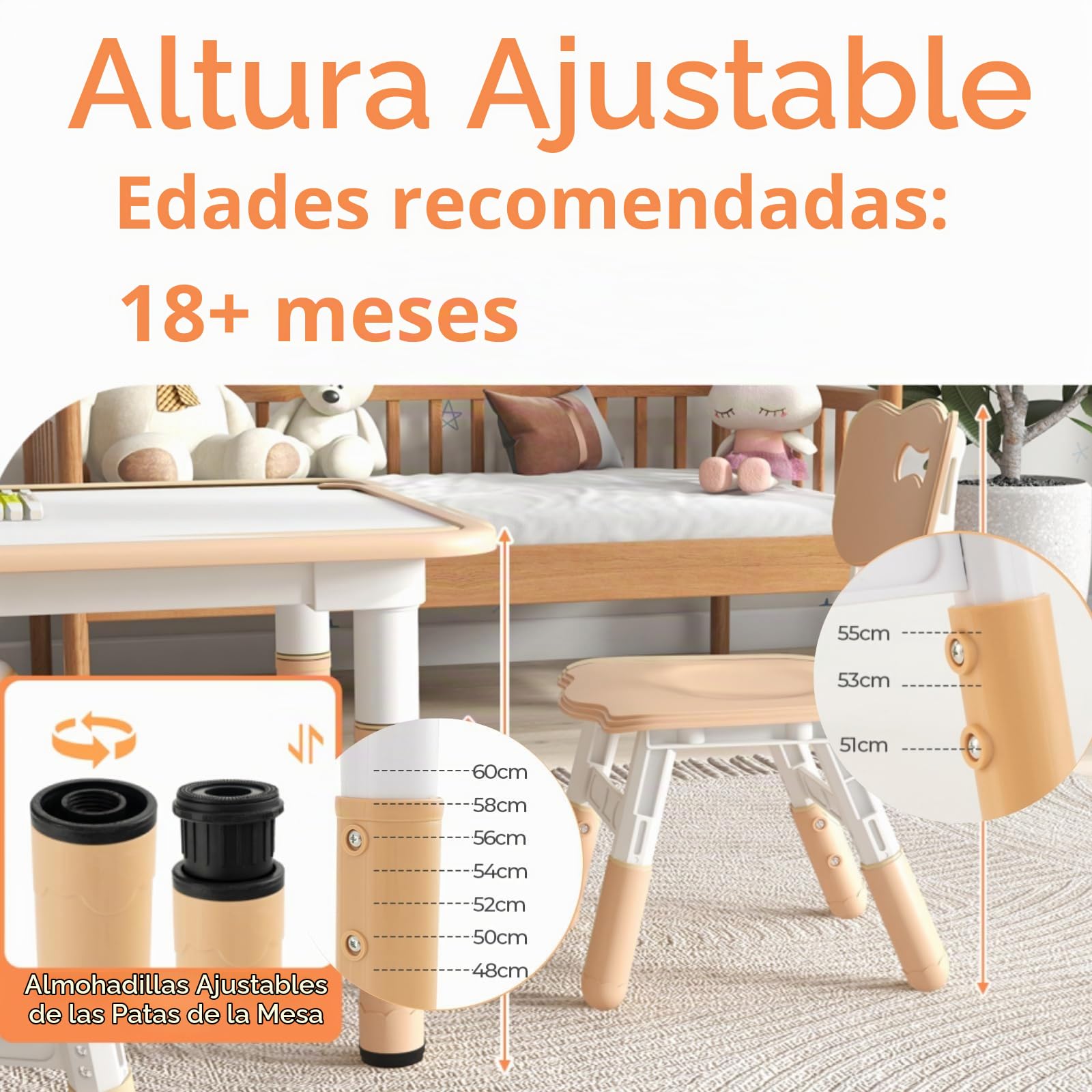 LIFEZEAL Mesa con 4 sillas para niños, Juego de Mesa y sillas Infantiles, Escritorio pintable, Altura Ajustable, Mesa para 18 Meses+, Conjunto de Asiento para guardería y jardín de Infancia (Natural)