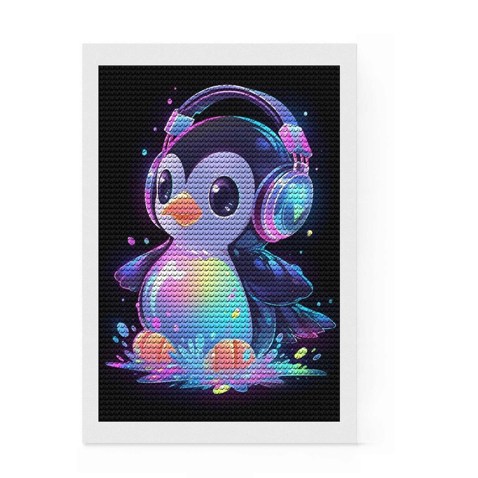 Junmoney Bubbly Penguin Music Full Drill Diamond Painting Kit 8"x12", for Beginners, Relaxing DIY, Full Kit Included, Thoughtful Present