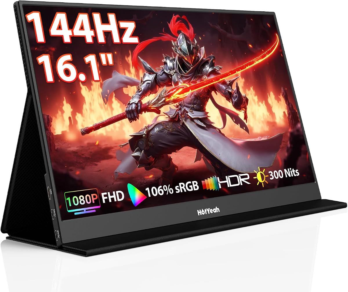 HotYeah Monitor portátil para juegos de 16,1'' 144 Hz, pantalla de viaje 106% sRGB 1080P | USB-C HDMI Pantalla externa HDR Monitor portátil con cubierta inteligente, segunda pantalla para computadora portátil, PC, Mac, Switch, PS5/4, Xbox
