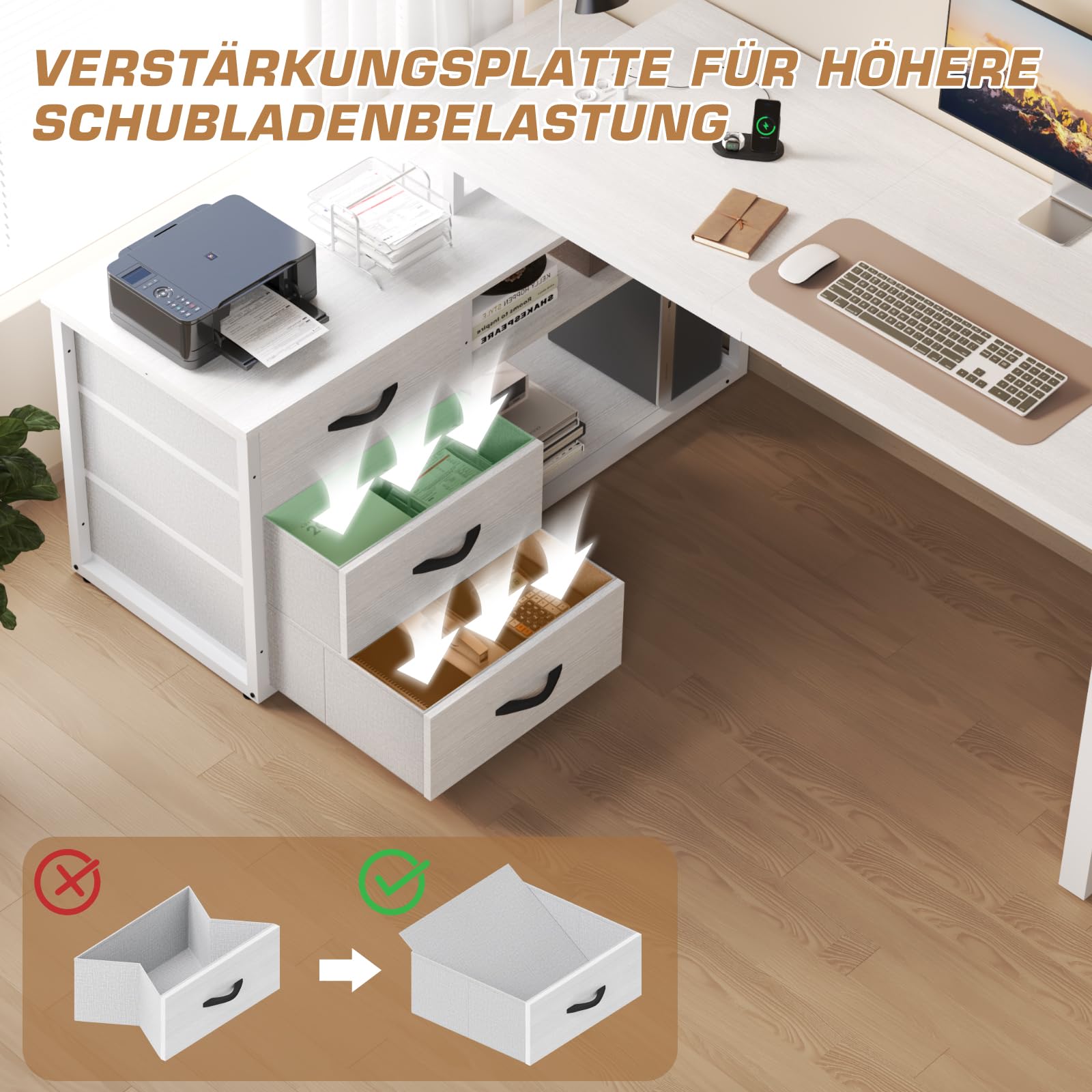 TRIUMPHKEY Schreibtisch l Form mit 3 Schubladen&Stauraum, 140 x 105 x 75 cm Reversible Eckschreibtisch, L-förmiger Schreibtisch mit 2 USB-Ladeanschlüssen und 2 Steckdosen, Weiß