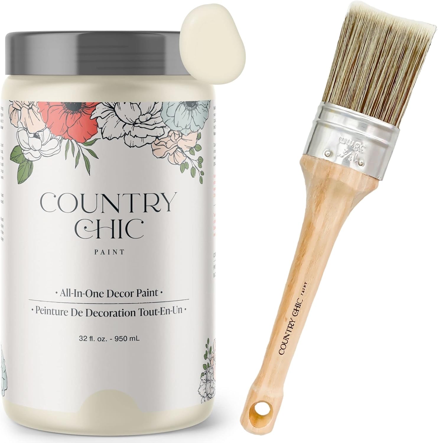 Chalk Style Paint + Paint Brush Bundle - for Furniture, Home Decor, Crafts (Color: Vanilla Frosting [quart - 32 oz] - Off White)