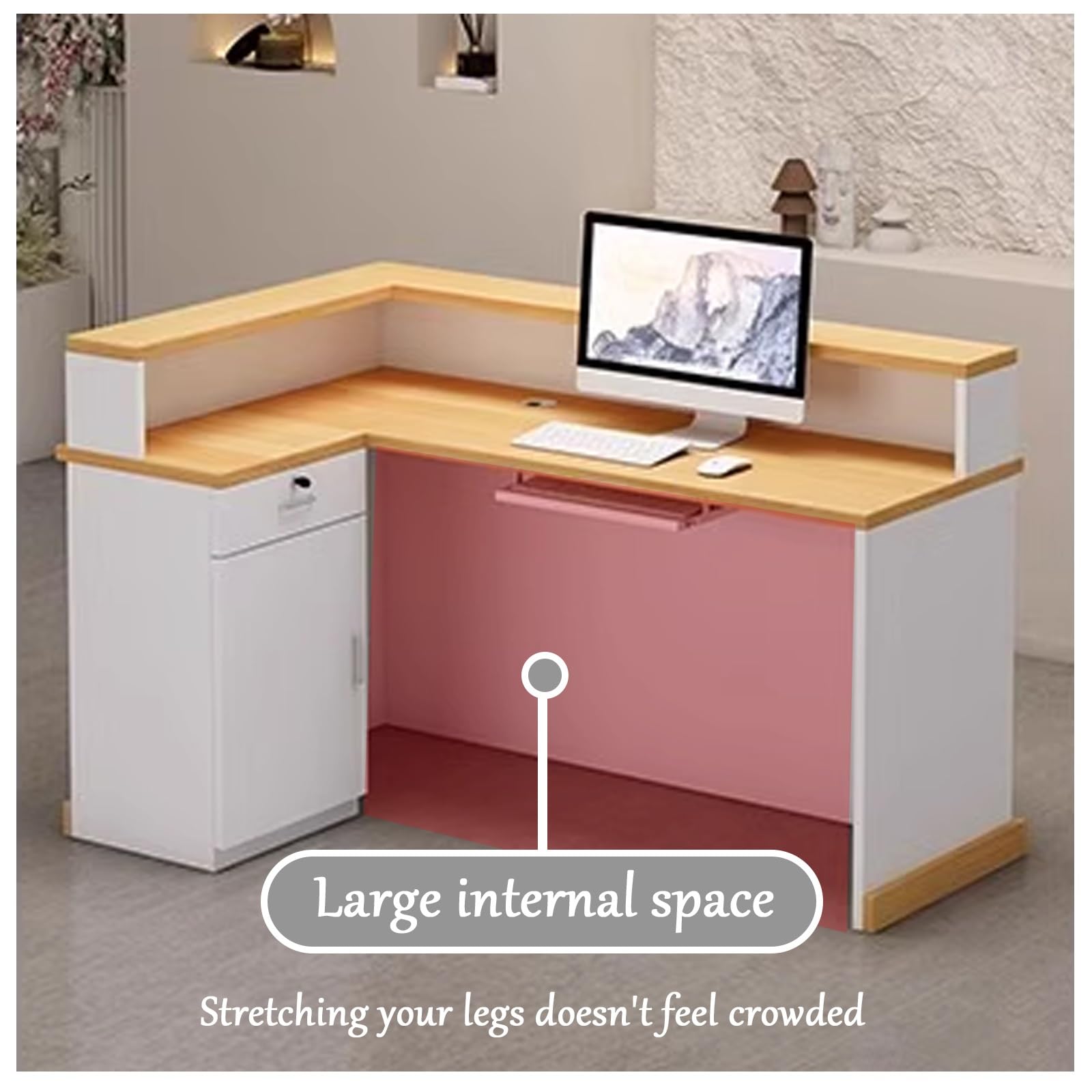 Moderner L-förmiger Kassentisch mit abschließbarer Schublade, sichere Aufbewahrung für Einzelhandel, Schönheitssalon, Heimbüro, vielseitiger Arbeitsplatz (99,8 x 59,9 x 99,8 cm)