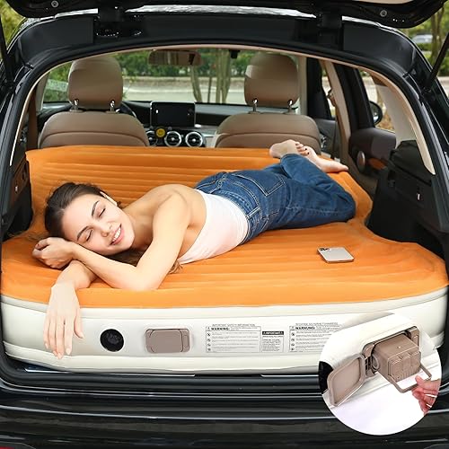 KMZ Colchón de aire SUV con bomba incorporada y 2 almohadas, PVC flocado grueso, cama de aire de inflado rápido de 90 segundos, cama de aire