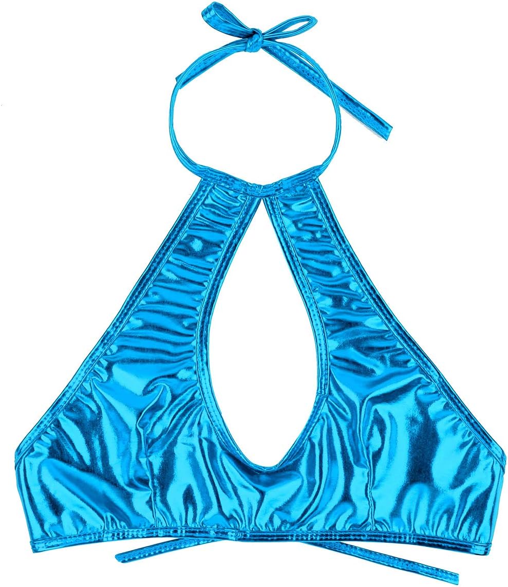 Shinsto Women's Shiny Metallic Halter Keyhole Crop Tops Vest Backless Bra Rave Dance Bustier