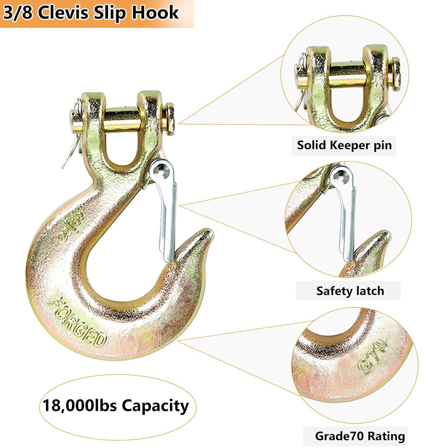 6Pack Clevis Slip Hook, 3/8 Inch Safety Latch, Heavy Duty Forged G70 Chain Hook for Truck Trailer Winch Transport Tow Safety Latch,18,000 Lb Capacity