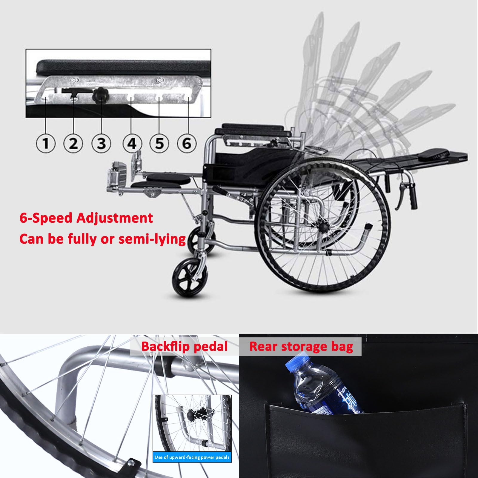 Silla de Ruedas Plegable reclinable, reclinable Ajustable en 6 Posiciones, cómodo Respaldo Plegable con Brazo y Pata de elevación, para Silla de Ruedas estándar para Adulto