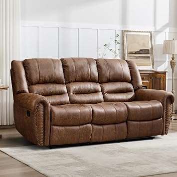 EBELLO Faux Leather Reclining Sofa, 3 Seater Recliner Sofa Chair, Manual Reclining Couch Set for Living Room, Home Furniture Set, for Meeting Room, Brown 3 Seat Sofa