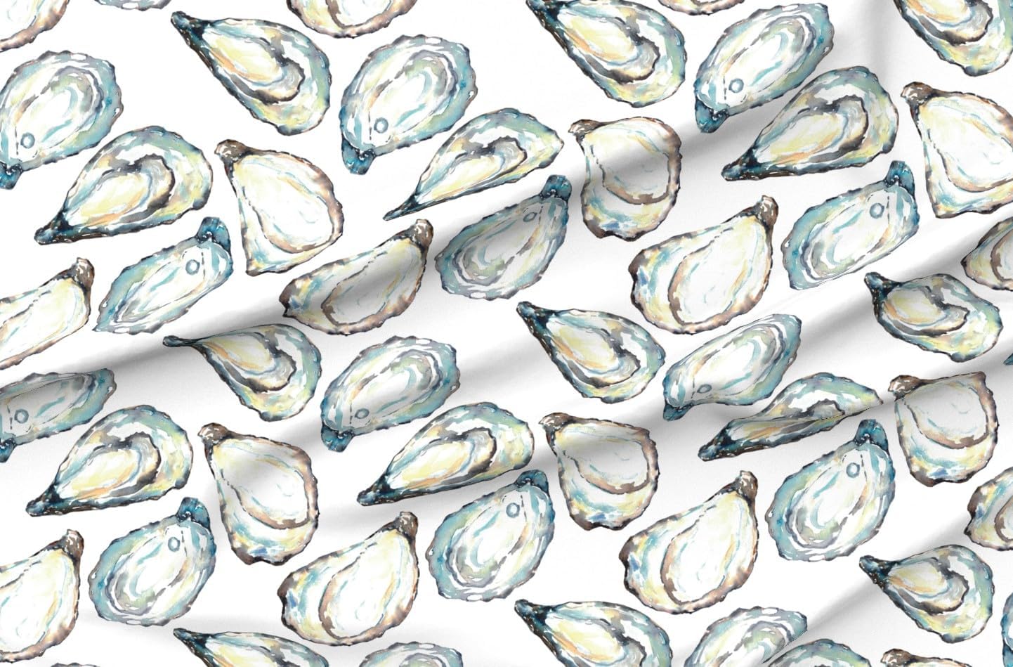 Spoonflower Fabric - Coastal Watercolor Oyster Shells Large Scale Ocean Life Seashell White Printed on Organic Cotton Sateen Fabric by The Yard - Sewing Quilting Apparel Home Decor