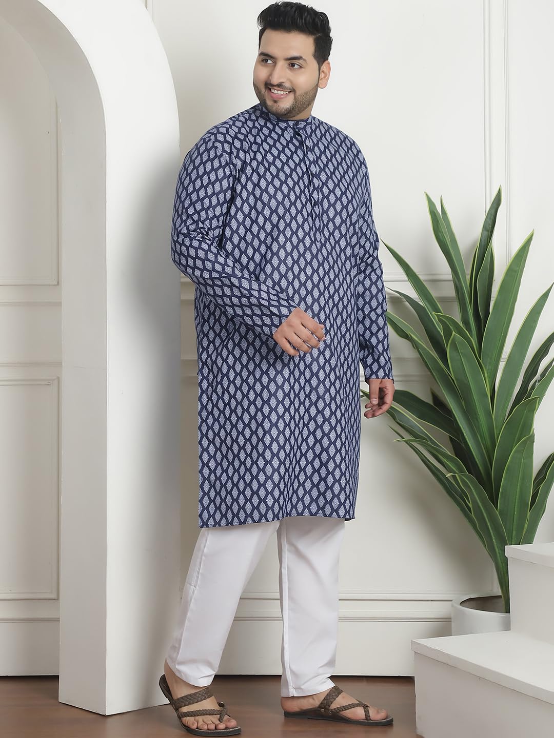 Sojanya Plus (Since 1958) Men's Cotton Blend Printed Navy Blue Kurta With White Churidar Pyjama
