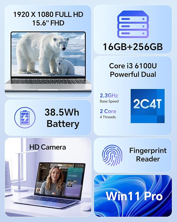 15.6 Laptop, WIN 11 Pro Computer, Core 2C4T 2.30 GHz Base Speed, 16GB RAM